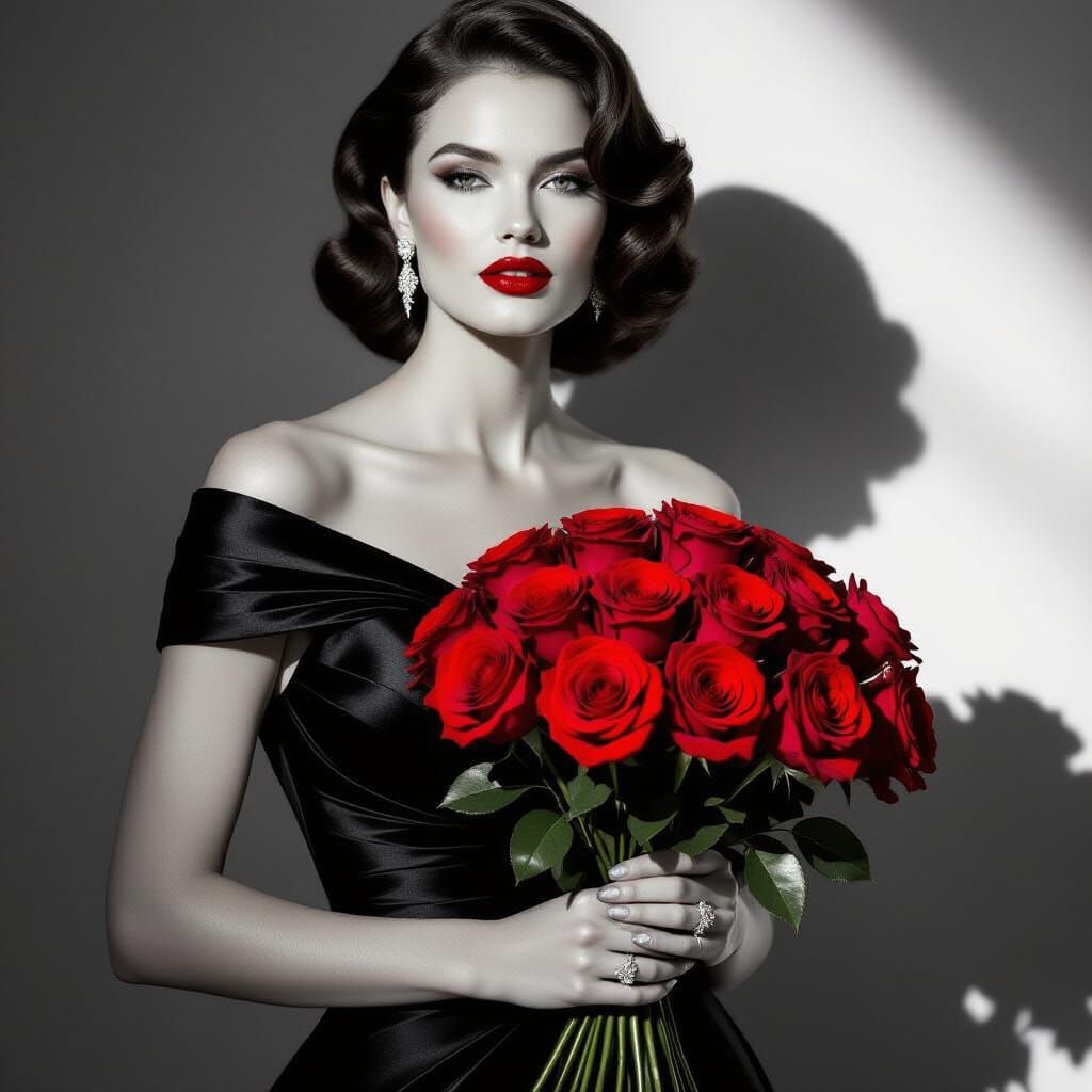 Monochrome Woman with Red Roses in Baroque Style
