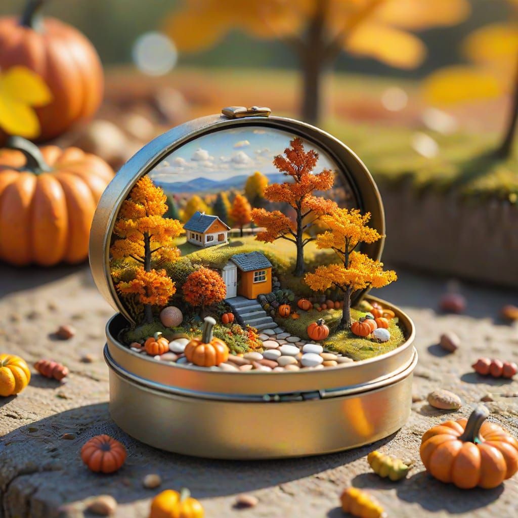 Miniature Autumn Scene Inside Pill Box with Vibrant Colors