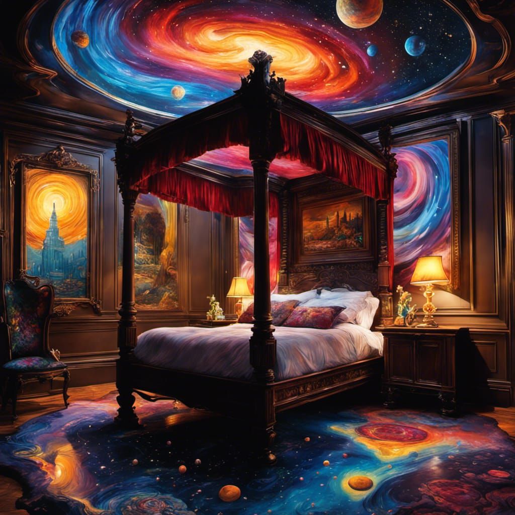 Cosmic Bedroom with Floating Bed in Graffiti Art Style
