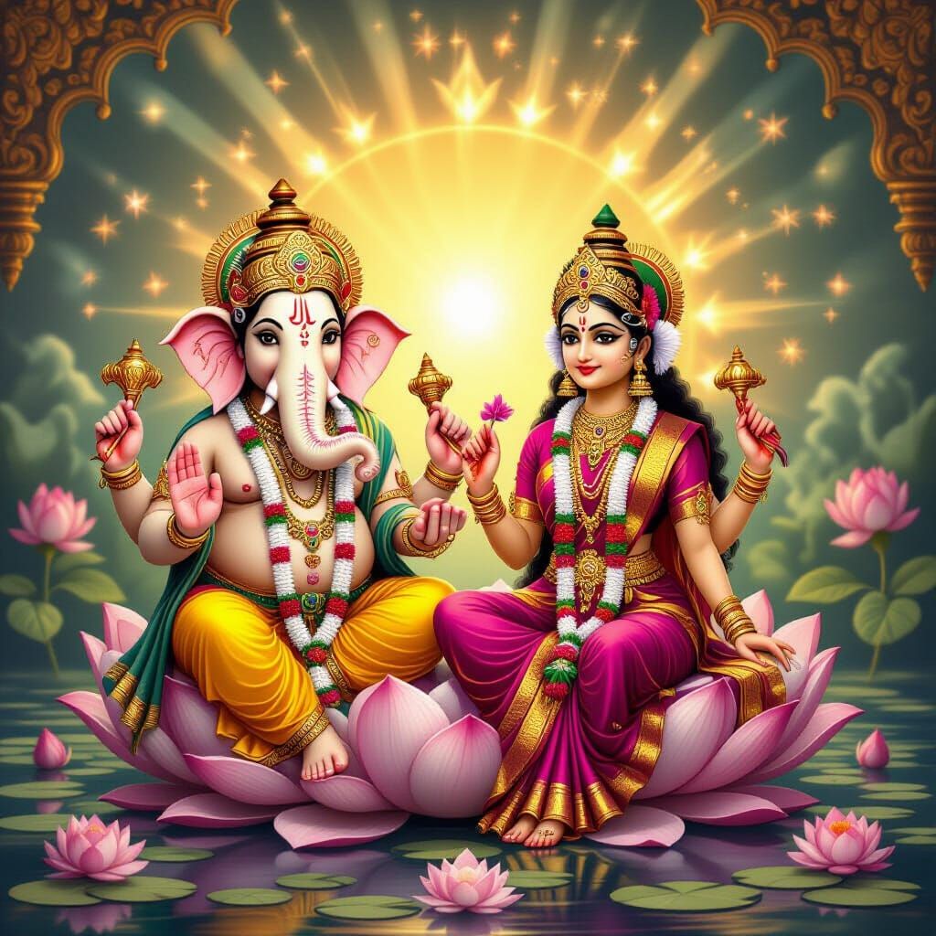 Ganesha and Lakshmi on Lotus in Opulent Digital Painting