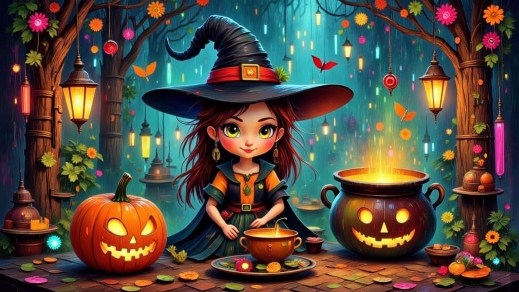 Whimsical Witch Birthday Celebration in Cartoon Style