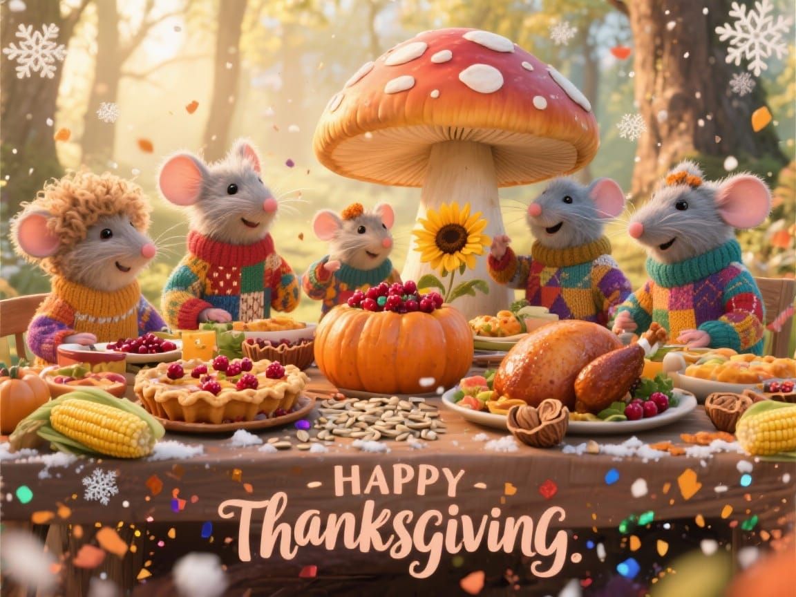 Anthropomorphic Mice Thanksgiving Feast