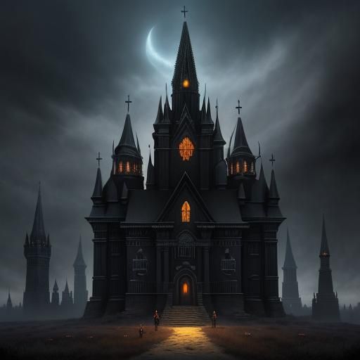 Pilgrims at Spooky Mansion: Dark Fantasy Art