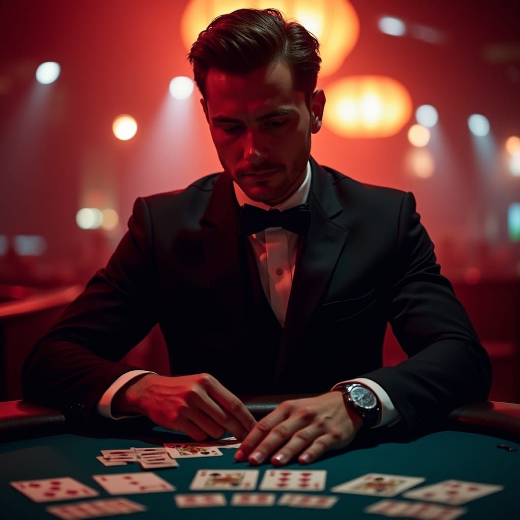 Charismatic Dealer Deals Cards in Moody Casino