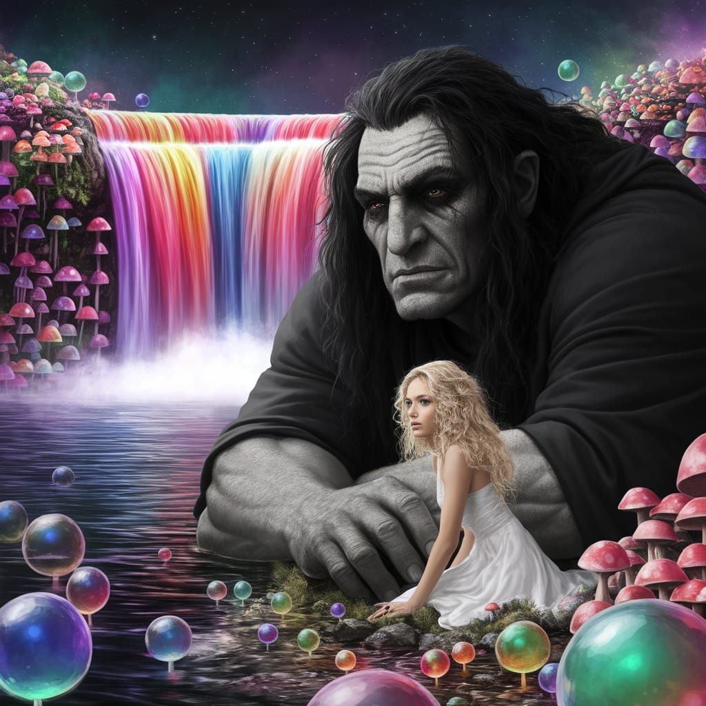 Mystical Waterfall Scene with Glowing Bubbles and a Resting ...