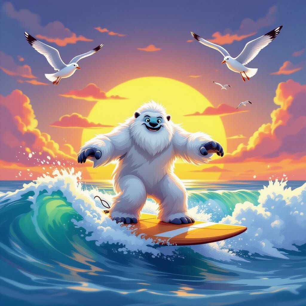 Fluffy Yeti Surfs Tropical Sunset Waves