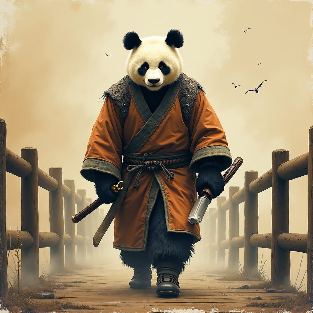 Cyberpunk Panda Shogun on Bridge in Gouache Style