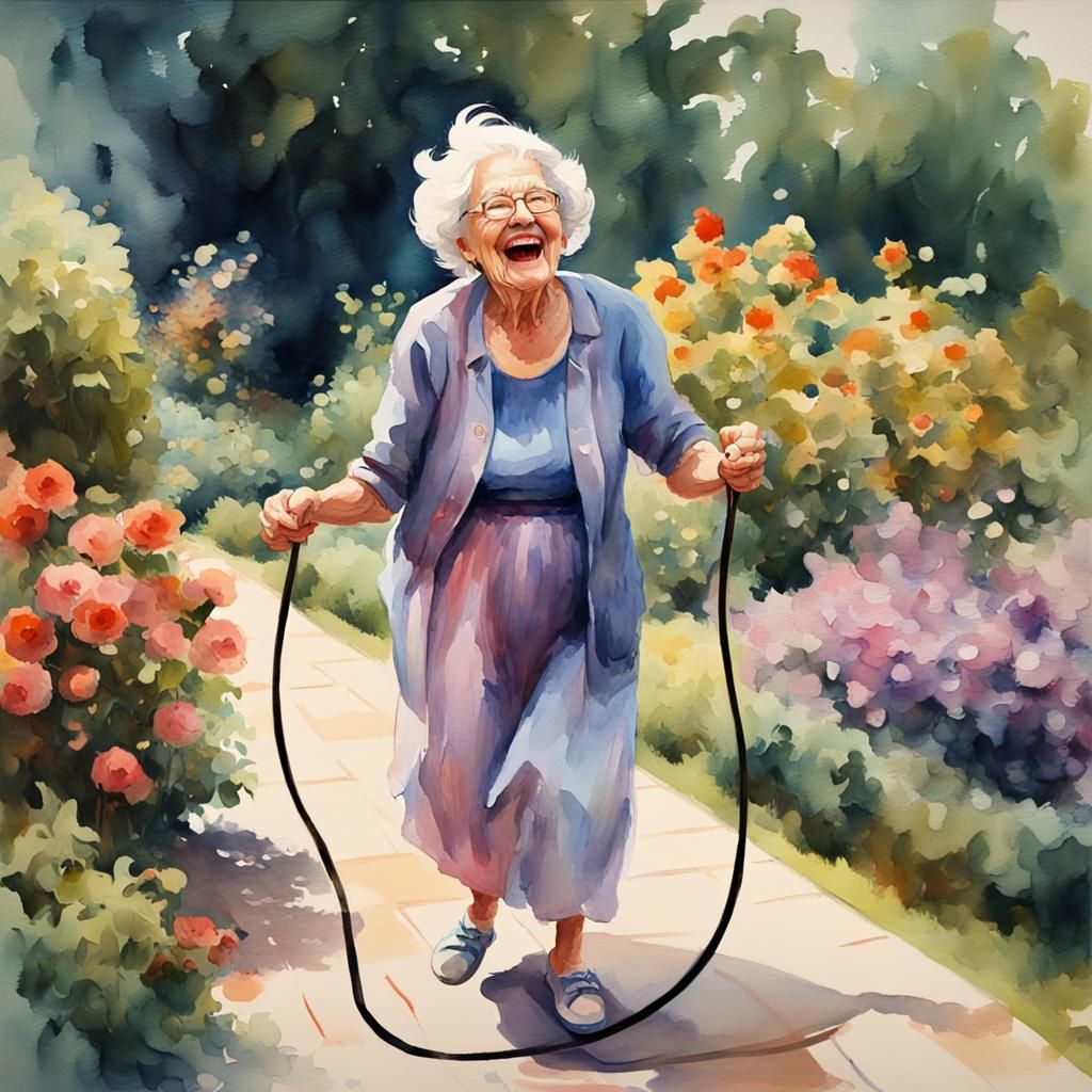 Joyful Woman Skipping Rope in Watercolor Garden