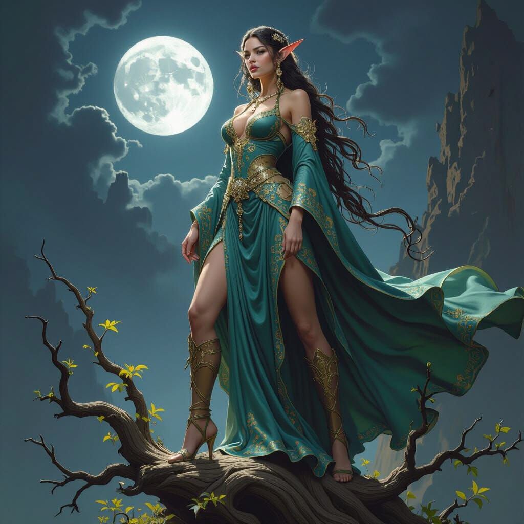 Elven Giantess Under Silver Moon: Dark Fantasy Art