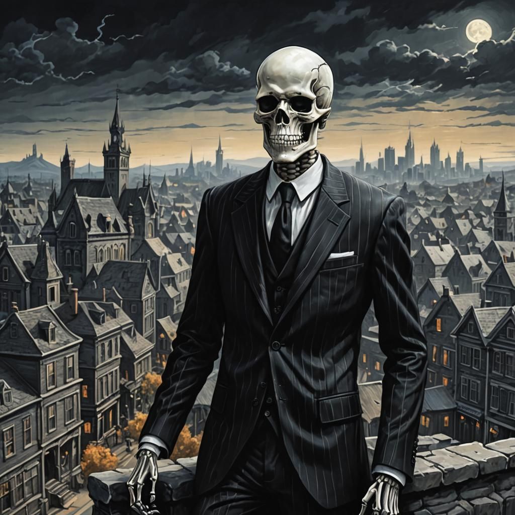 Haunting Skeleton in Pinstripes with Ghost Town