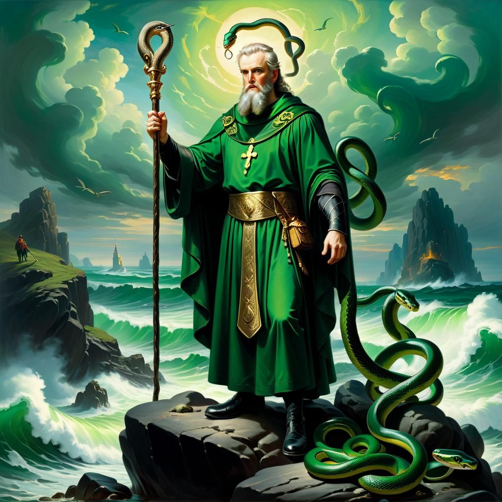 Saint Patrick Banishes Snakes: Neo-Classical Oil Painting