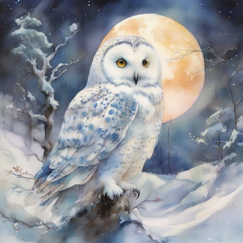 Snowy Owl in Moonlit Sky Digital Watercolor
