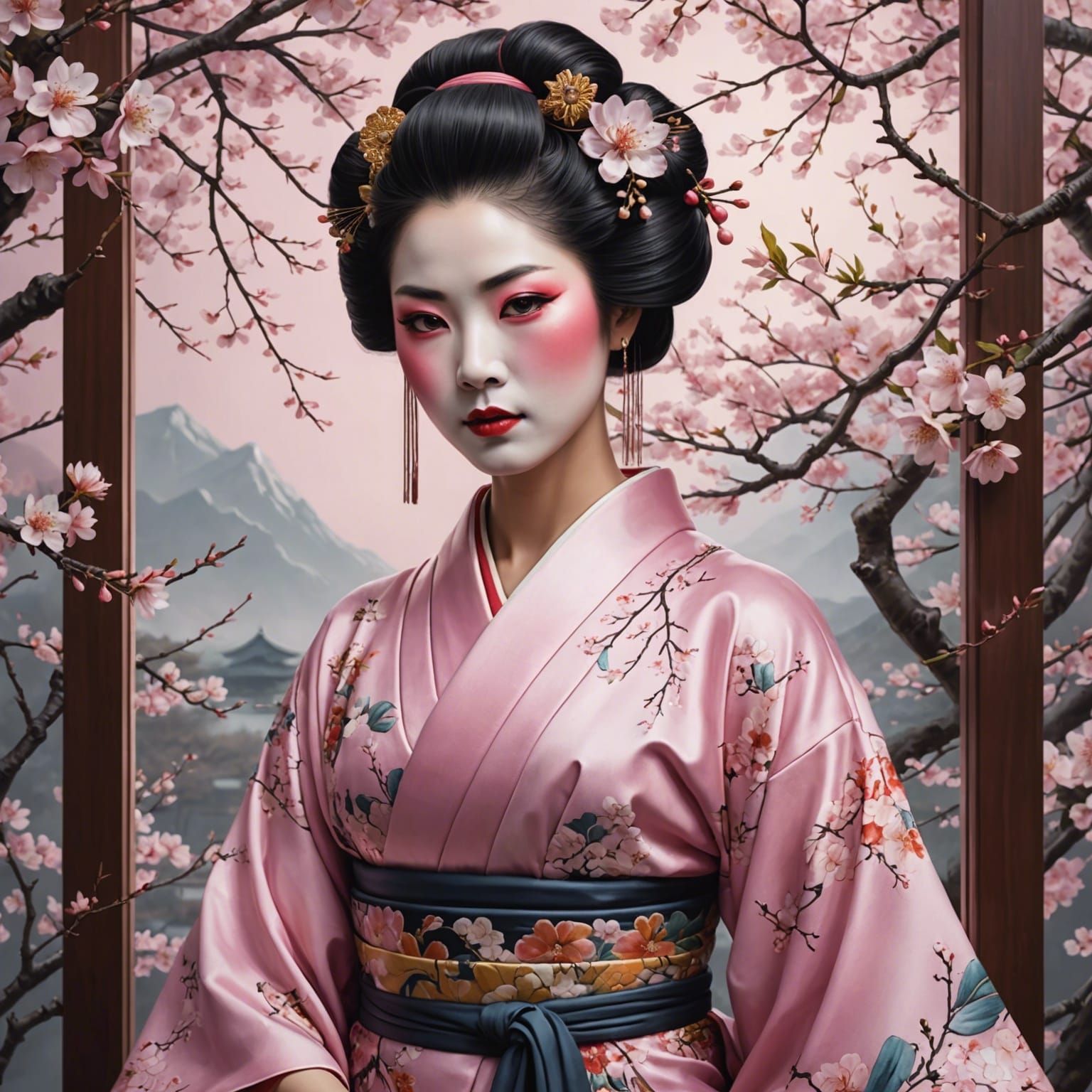 Geisha in Pink Kimono with Cherry Blossoms