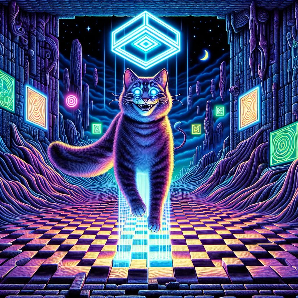 Neon Cheshire Cat in Surreal Futuristic Landscape
