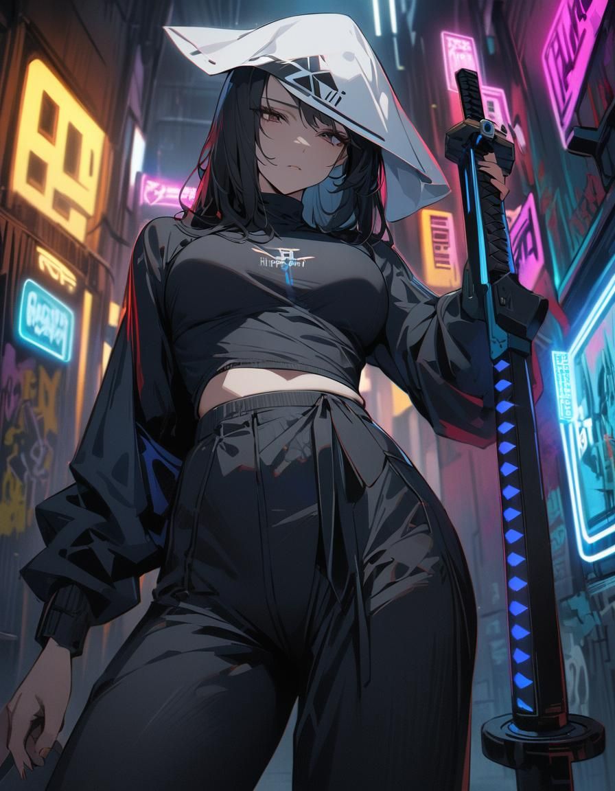 Cyberpunk Samurai with Sword in Neon Market