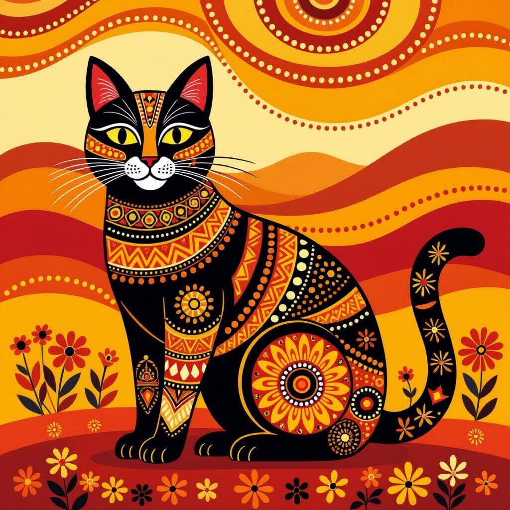 Aboriginal Art Style Cat with Dot Work