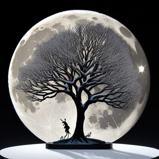 Action figure box. A transparent silhouette of a magical tree action figure, its branches reaching towards the sky, stan...