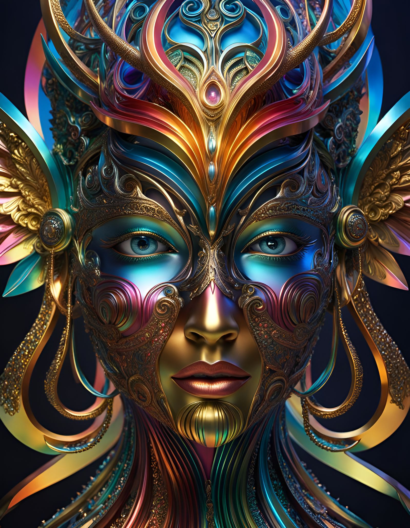 Metallic Mythical Sculpture in Op-Art Style