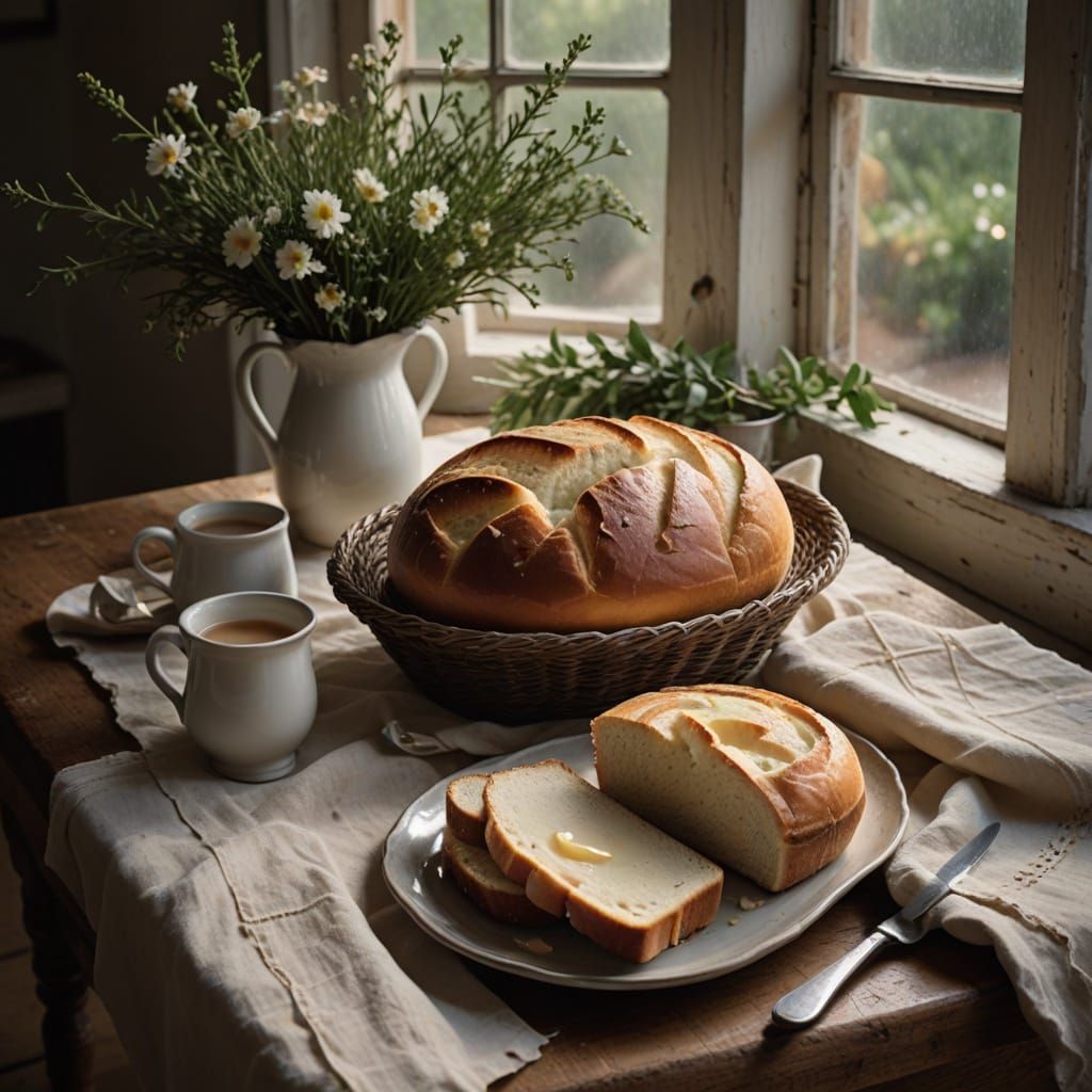 Warmly Lit Bread with Butter and Condensed Milk on a Rustic ...