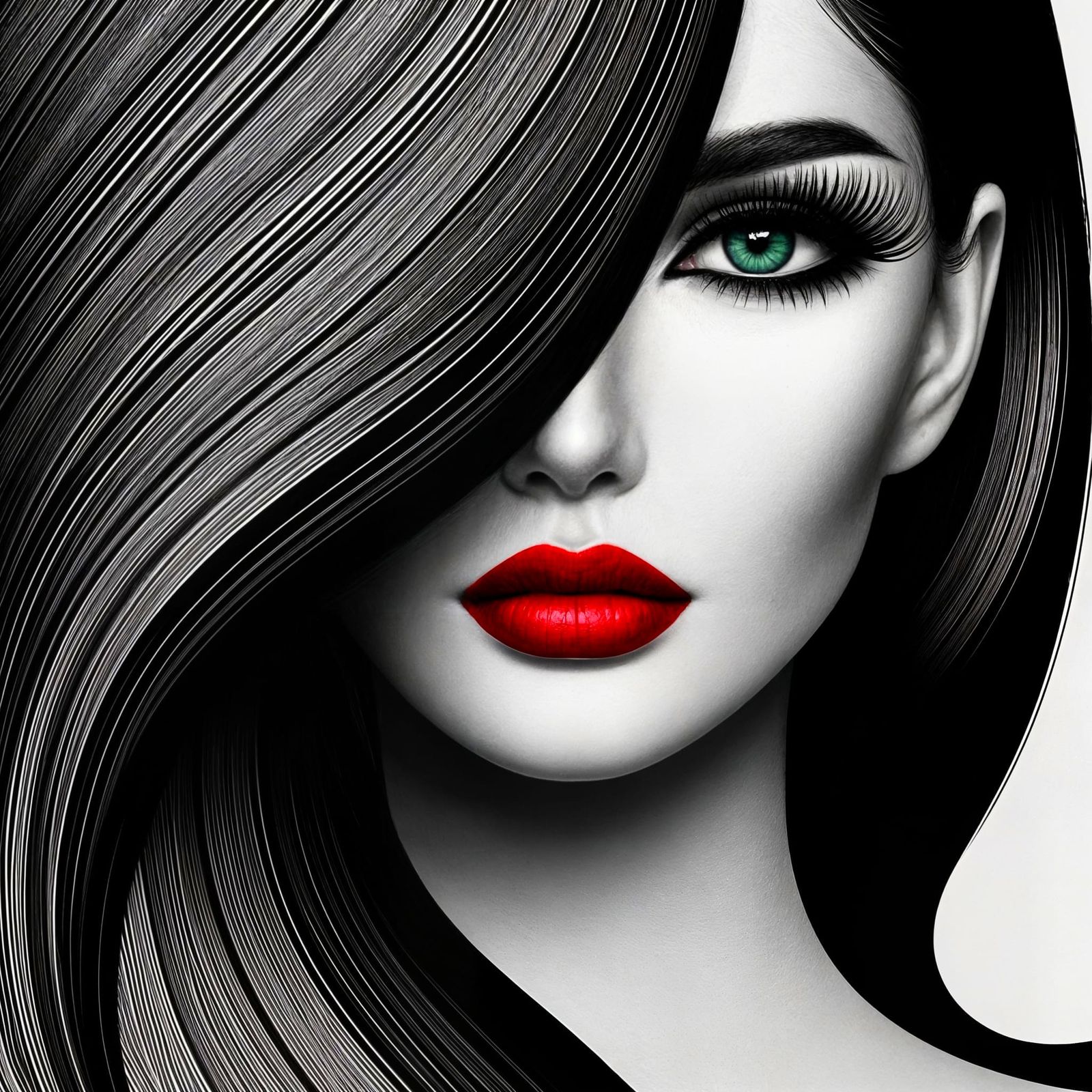 Monochrome Portrait of a Woman with Bold Lip Color and Green...