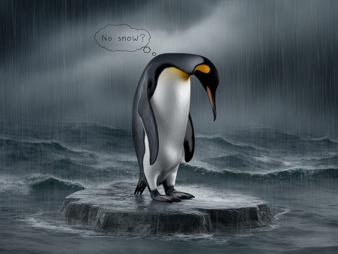 Melancholic Penguin on Desolate Rock