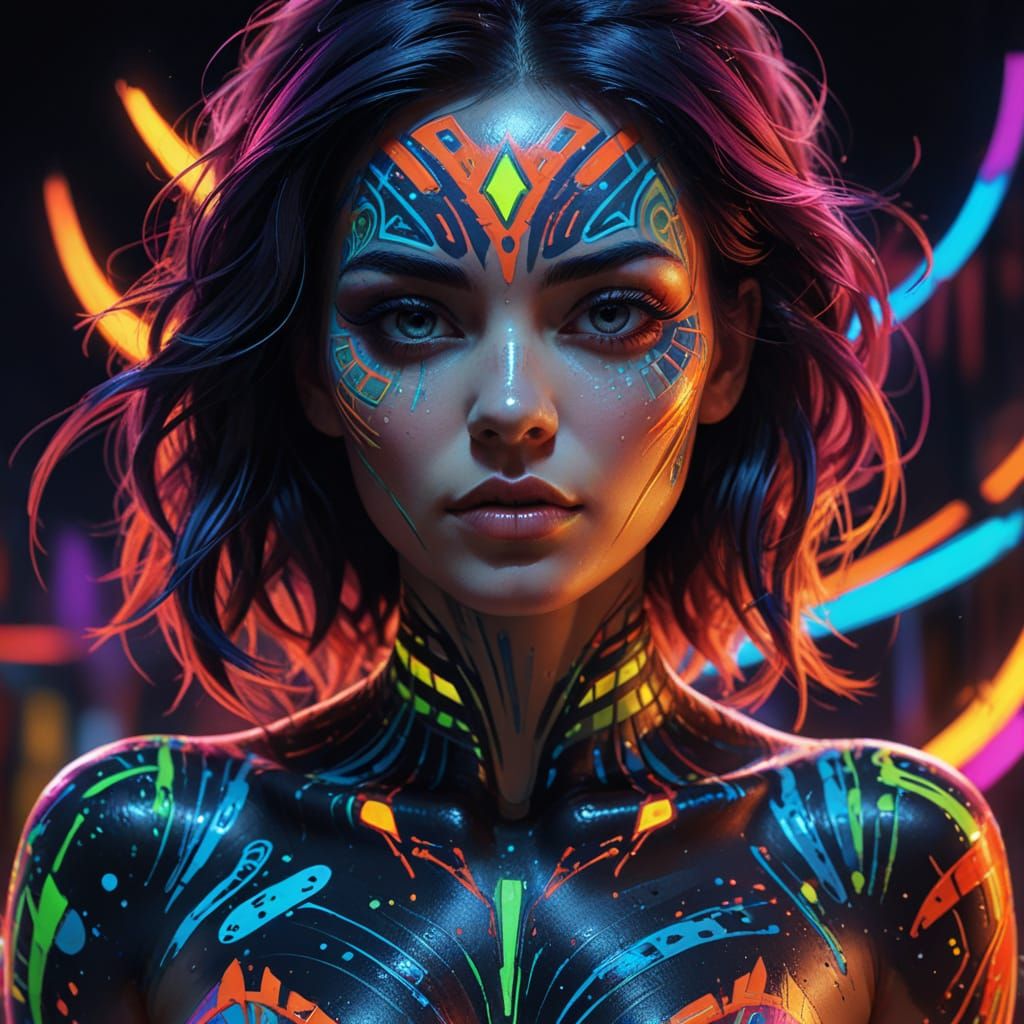 Girl with Neon Body Paint in Comic Style