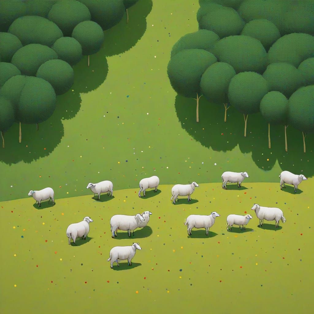 Minimalist Pastoral Scene: Sheep in White and Green Hues