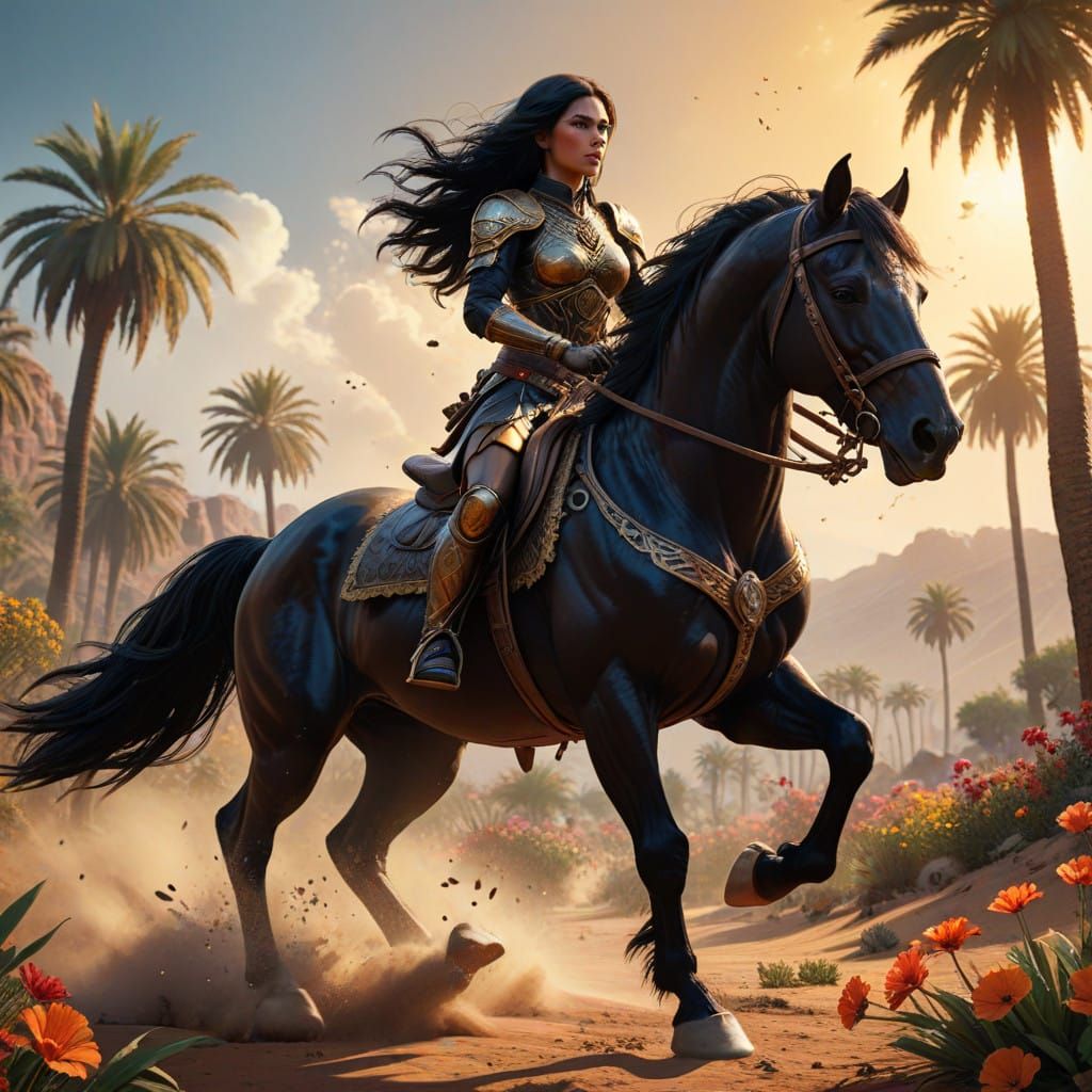 Amazon Warrior Queen Rides into Desert Oasis with Brave Warr...