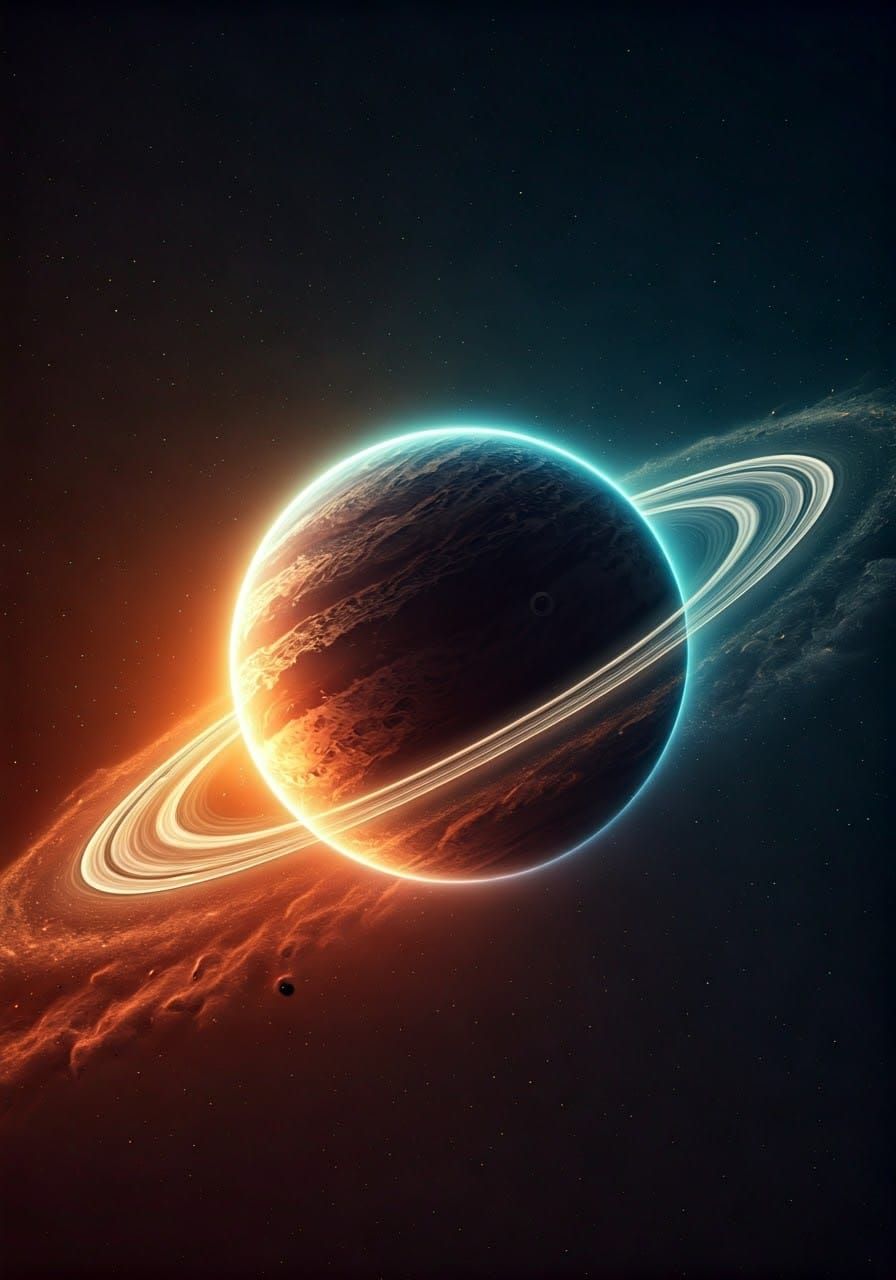 Vibrant Celestial Body in Swirling Dust Rings