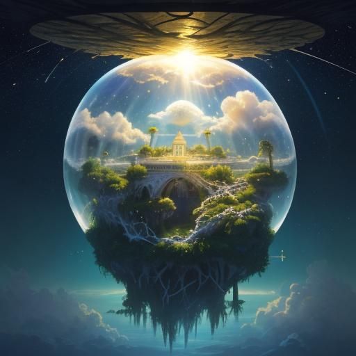 Floating Islands Inside Bubble with Bridges and Constellatio...