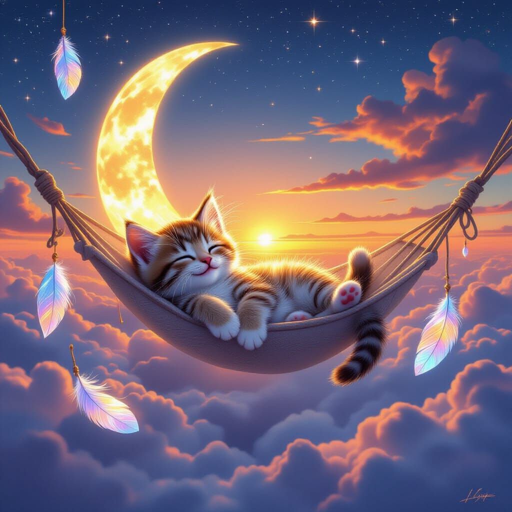 Kitten on Moonbeam Hammock Above the Clouds