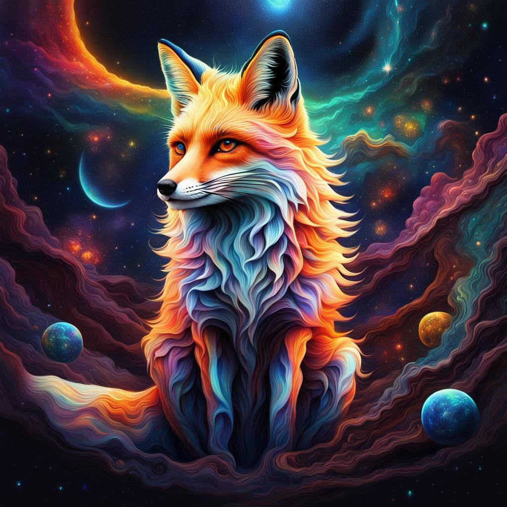 Cosmic Fox: Holographic Surrealism in Mixed Media
