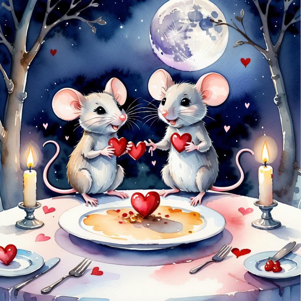 Romantic Mice Valentine's Day Watercolor Illustration