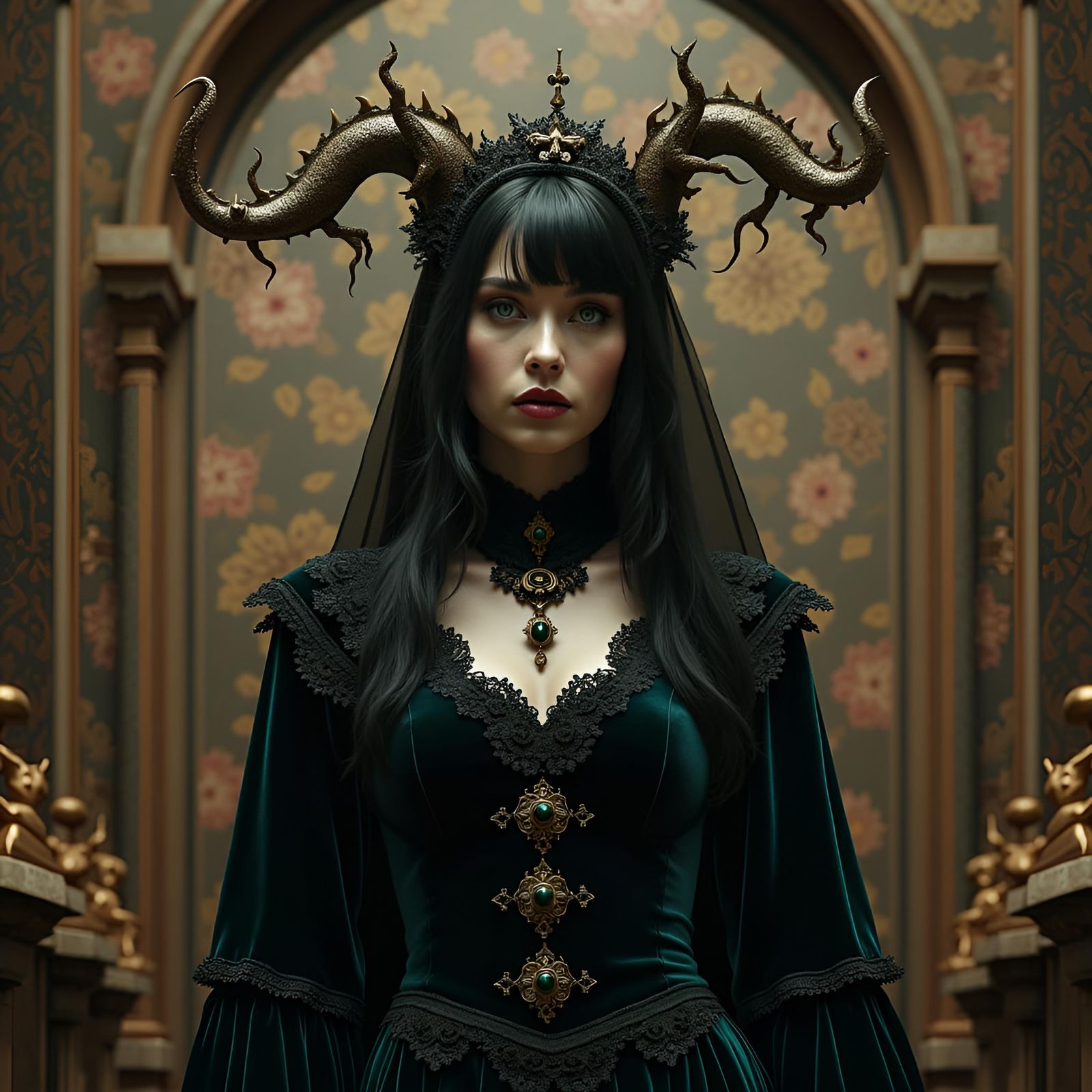 Mysterious Sorceress in Gothic Costume with Dragons