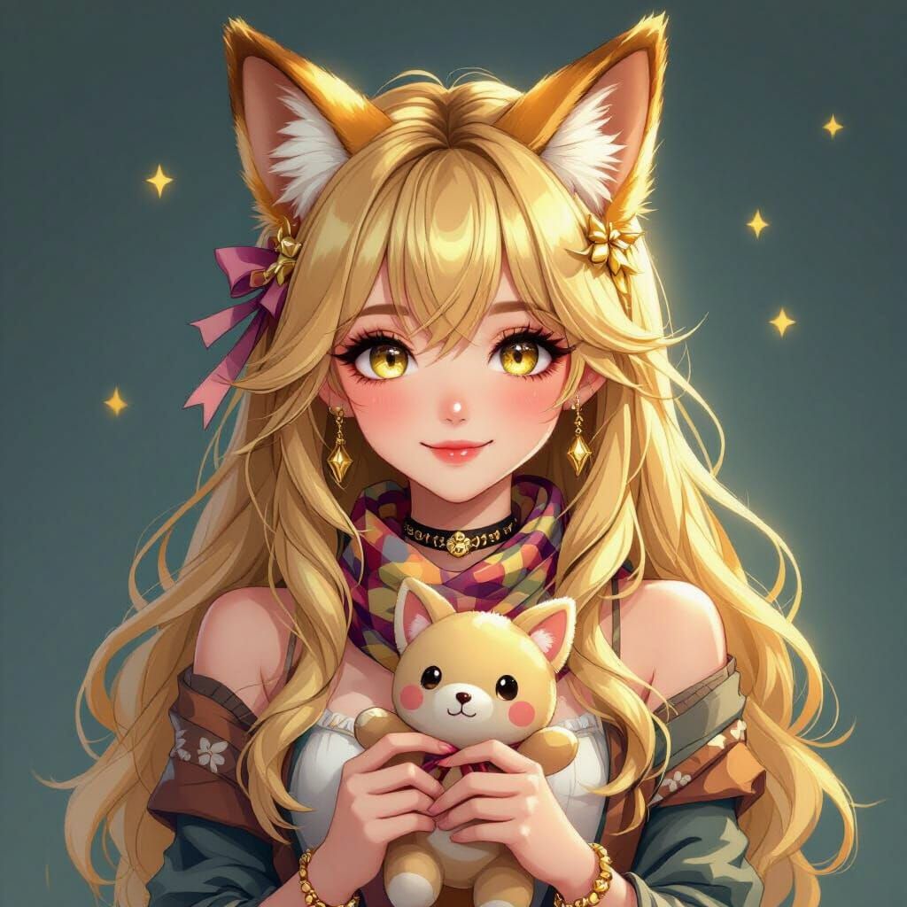 Golden Fox Girl with Stuffed Toy