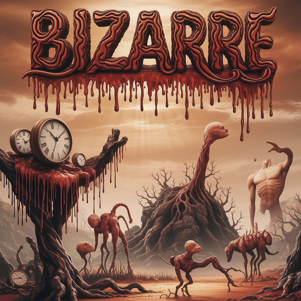 "BIZARRE" is emblazoned in a surreal, triple-bold, twisted font at the top of the image. Below, a Salvador Dali-inspired...