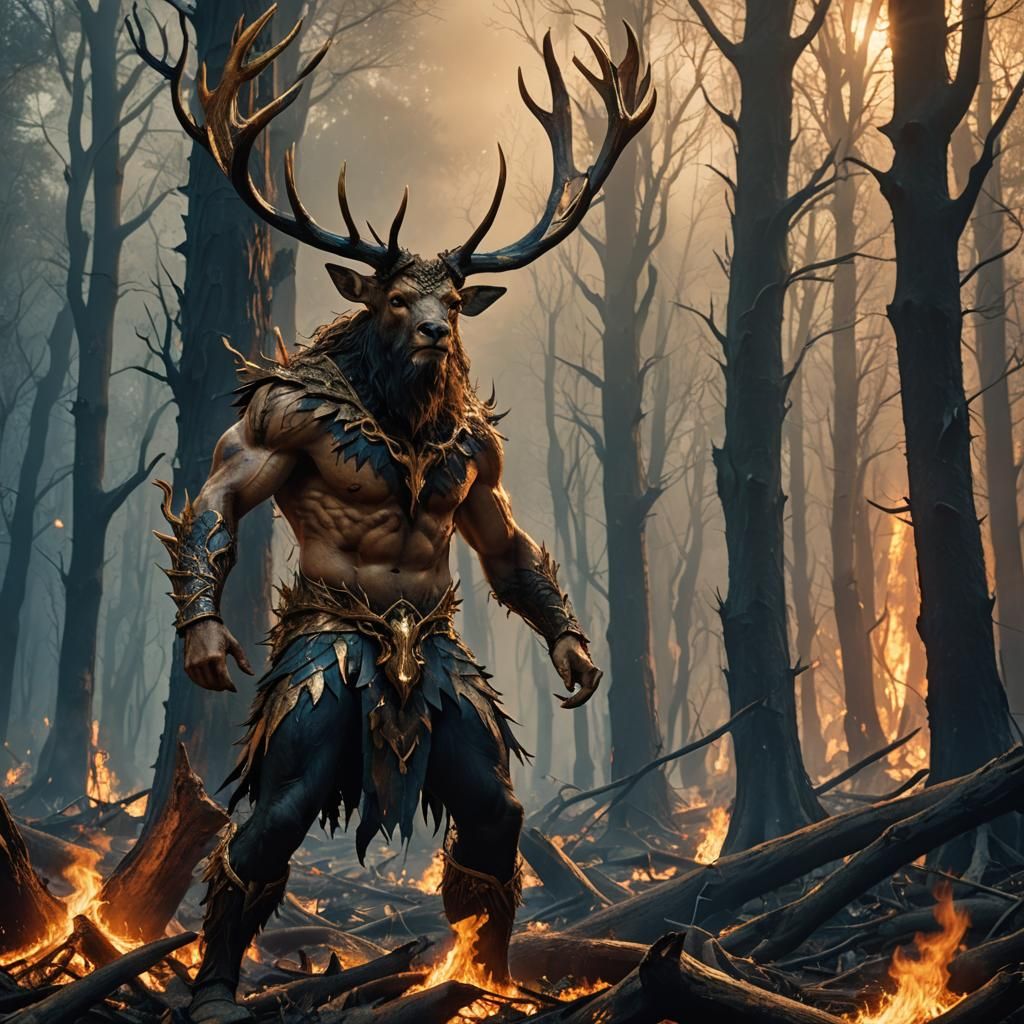 Cernunnos: Enraged Lord of the Wild in Burning Forest
