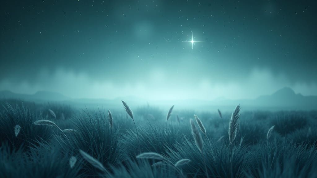 Surreal Landscape at Dusk with Gentle Grass and Starry Sky