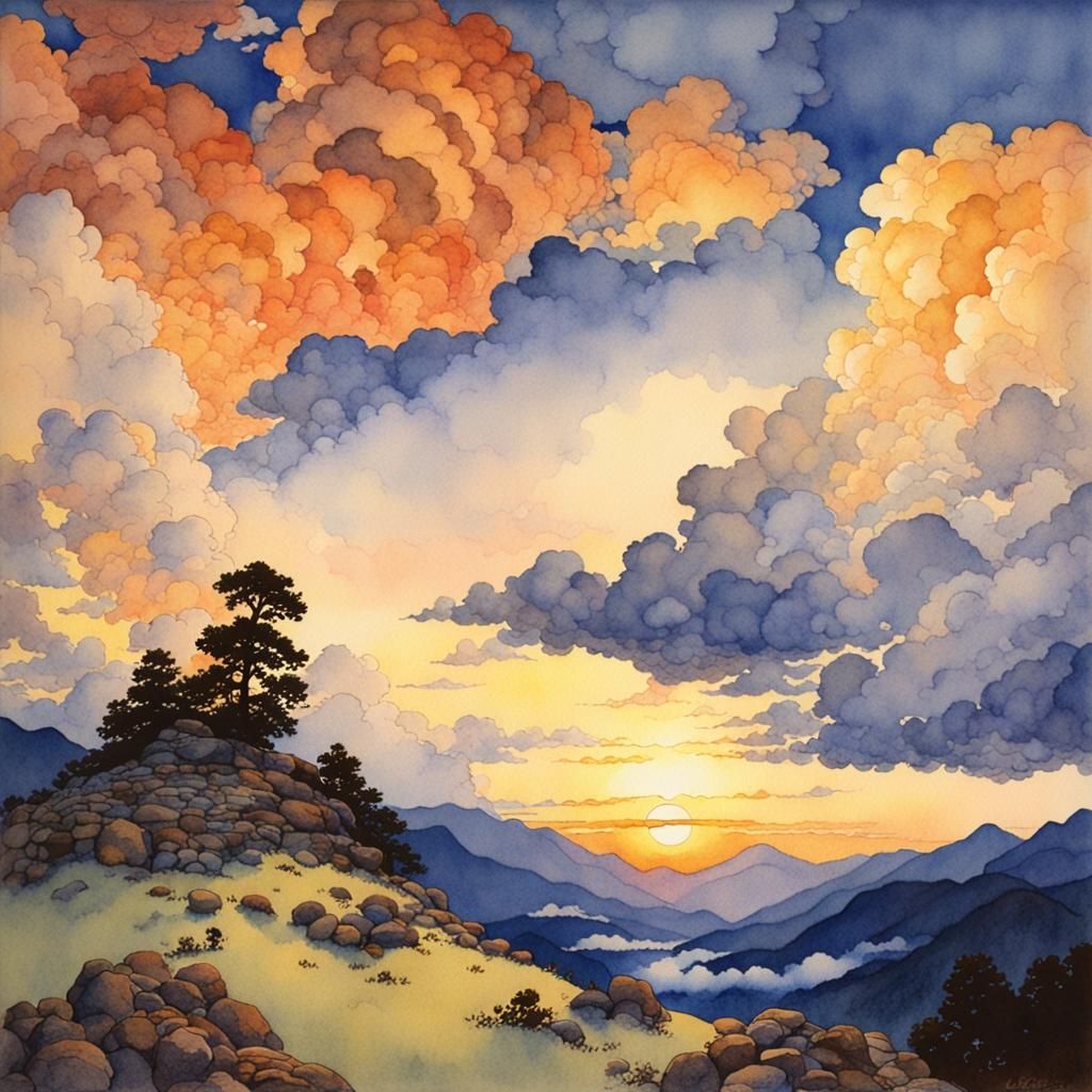 Watercolor Sunset Clouds Over Mountains in Anime Style