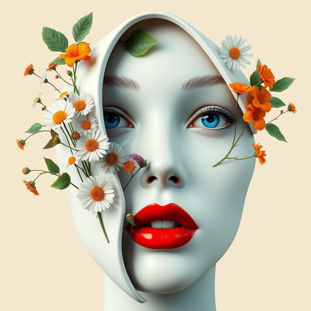 Surreal Face with Flowers Emerging, Digital Art