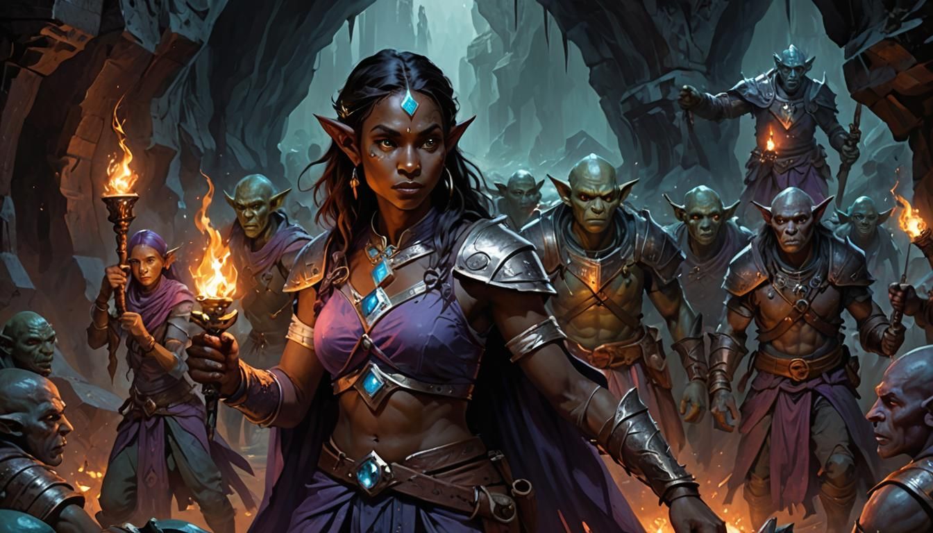 Elven Doctor Portrait in Dark Cave with Orcs