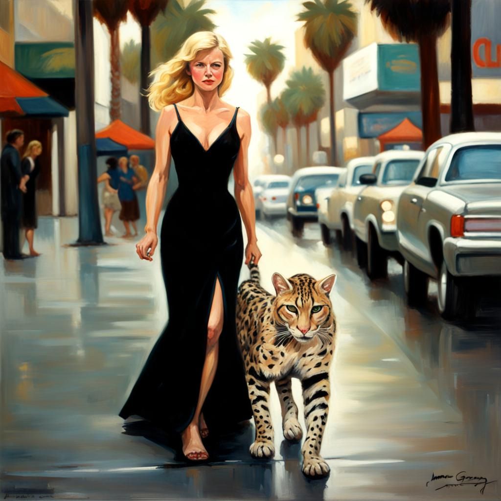 Woman Walking Ocelot on Hollywood Boulevard as Oil Painting