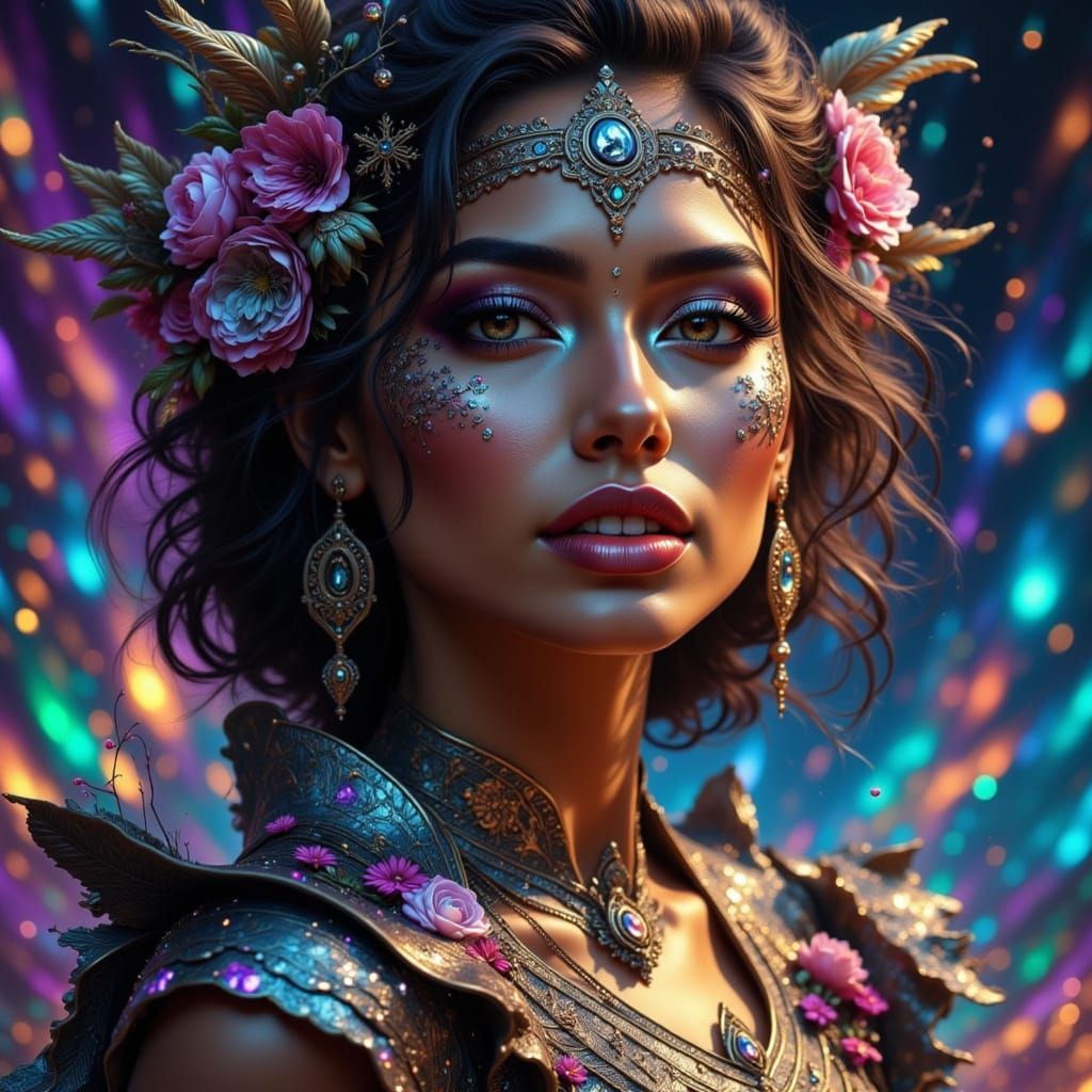 Exquisite Woman with Beautiful Smile in Iridescent Metal