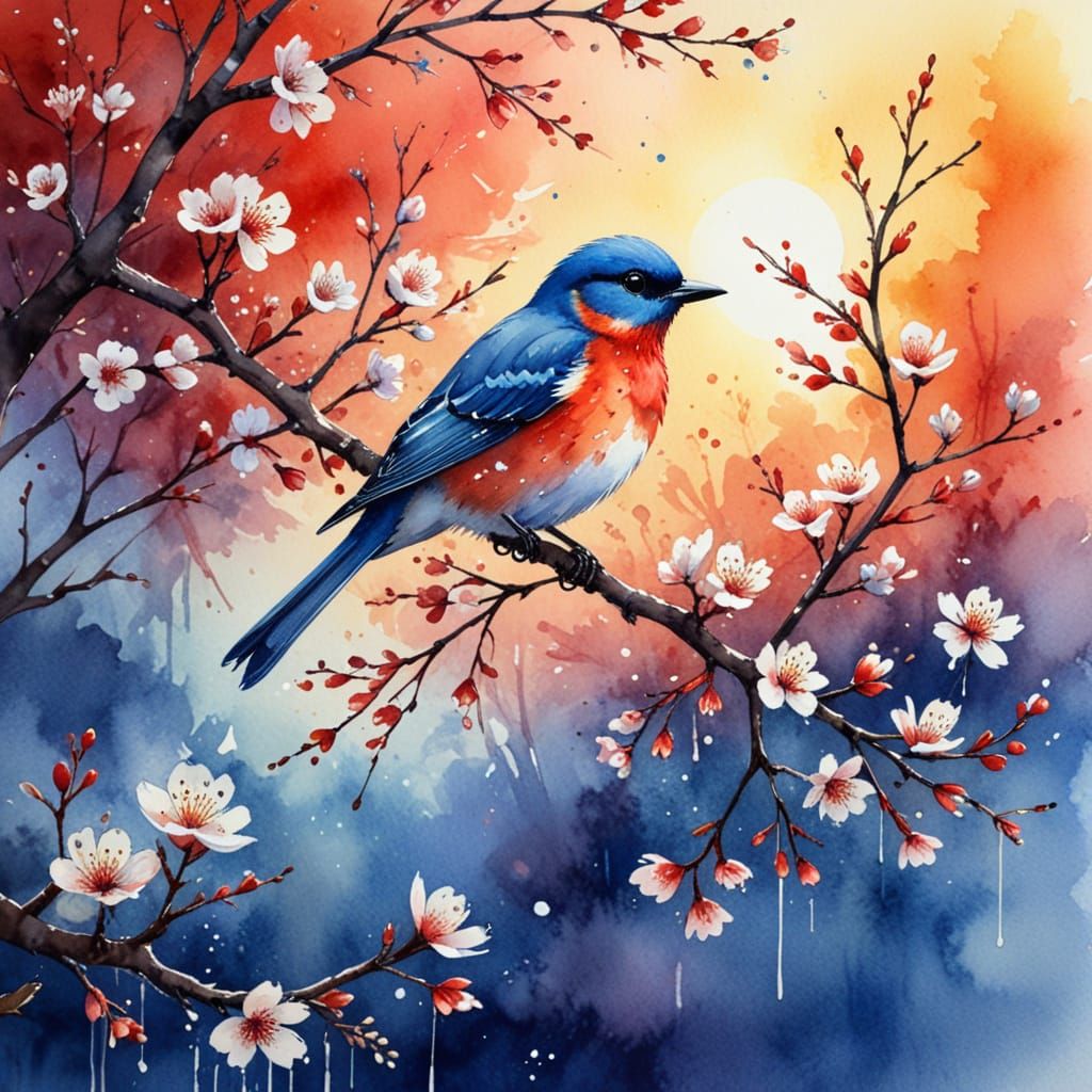 Blossom Tree Bird at Sunset in Watercolour Style