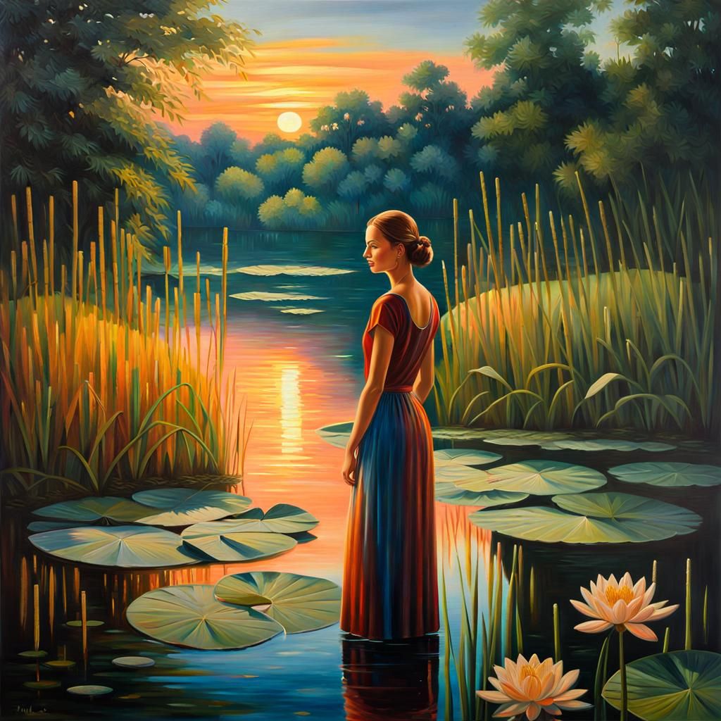 Woman by Moonlit Lake: Triadic Oil Painting