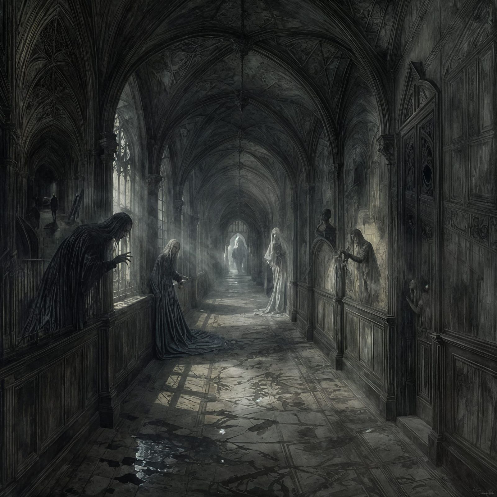Eerie Gothic Corridor in Painterly Watercolor Oils