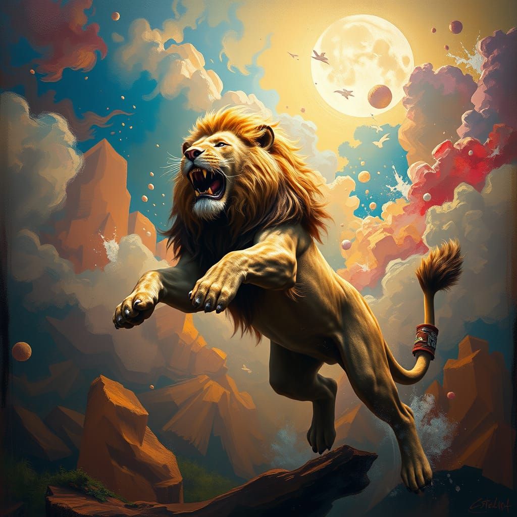 Lion Leaps from Renaissance Canvas in 3D