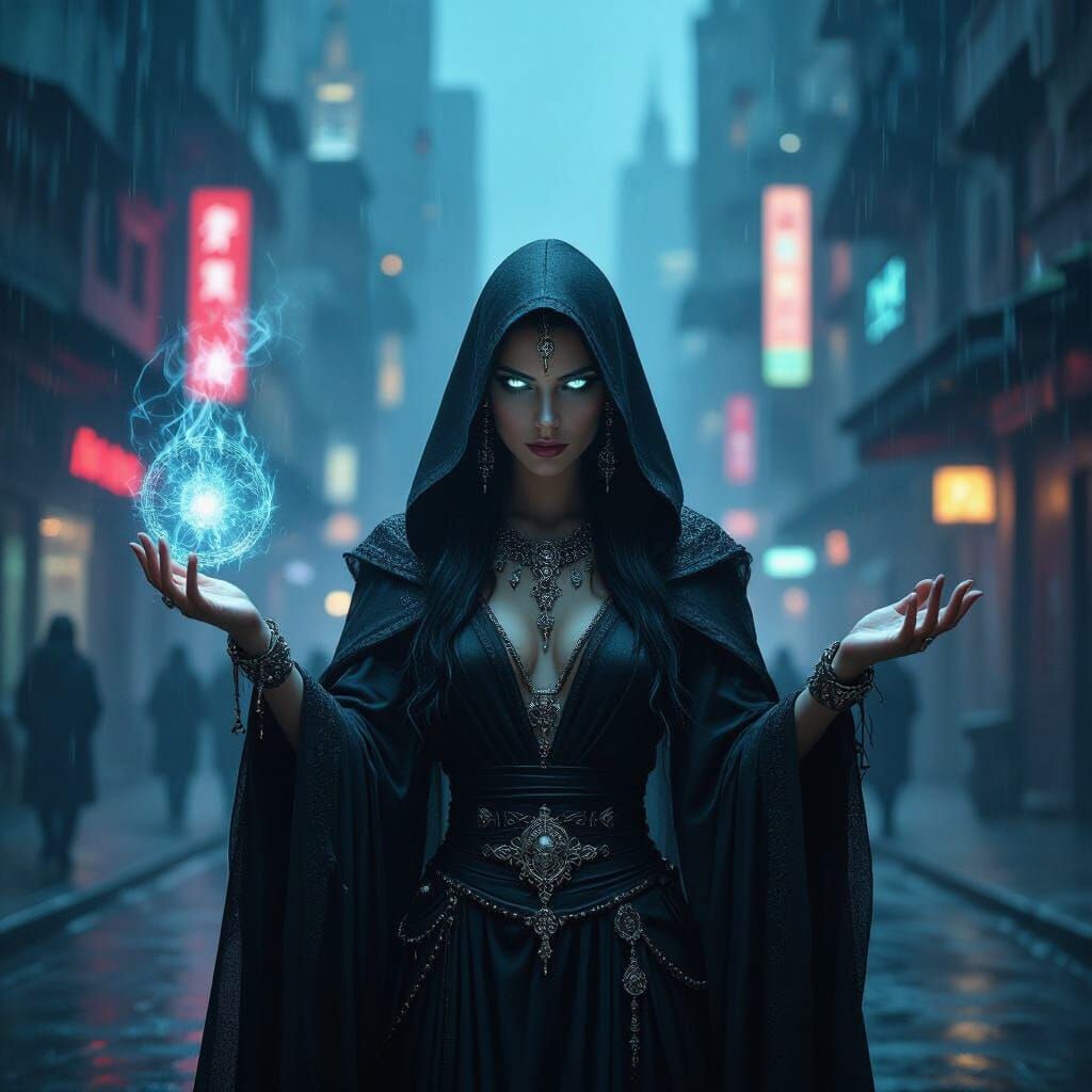 Elegant Sorceress Conjuring Spell in Cyberpunk City
