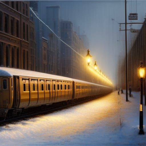 Snowy City Train Scene in Hyperrealistic Style