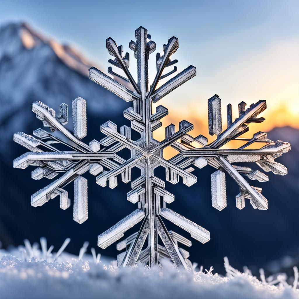 Detailed Snowflake with Snowy Mountain Backdrop